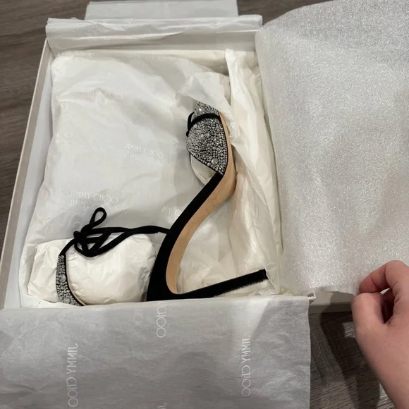 Jimmy Choo Talaya 100 Black Suede Crystal Hotfix Embellished Heels Sandals - Picture 11 of 13